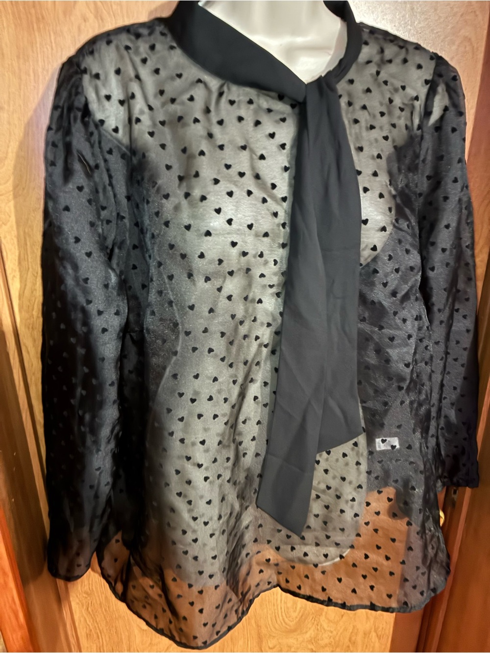 Cato Black Sheer Heart-Print Tie-Neck Blouse Goth Dark Feminine Vibe 14/16W